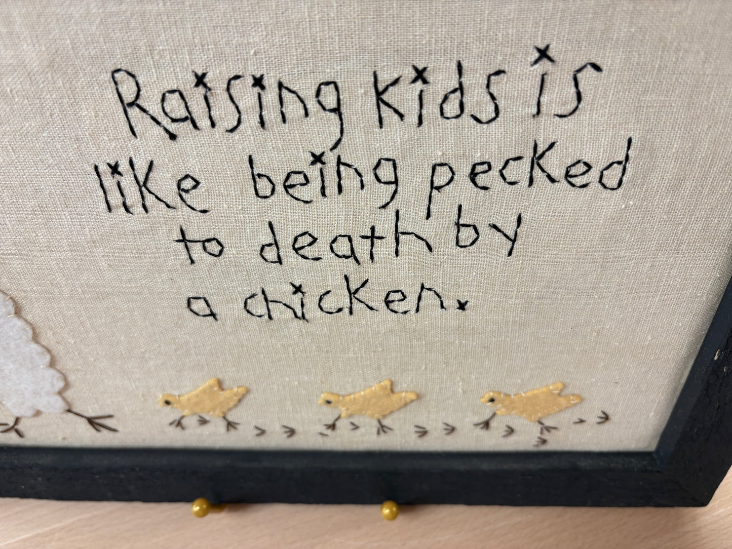 “Raising Kids” Chicken Embroidery – Framed Folk Art Quote with Felt Appliqué