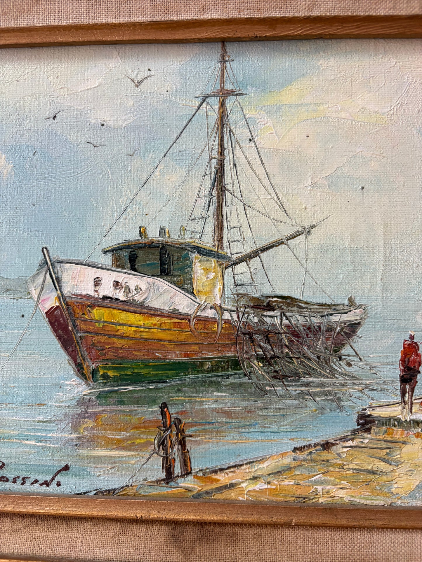 Shirley Rossini Oil – Fishing Boat at Dock, Signed, Framed Nautical Scene 18″
