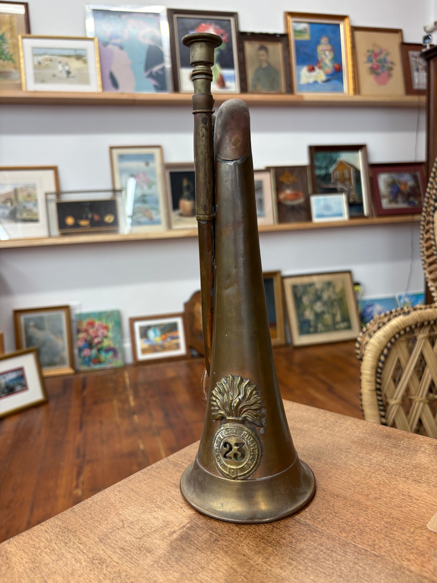 WWI Antique Royal Welsh Fusiliers Bugle – Copper & Brass “23” Regimental Horn, 12″