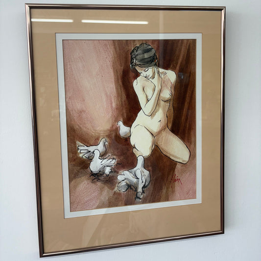 Framed Nude Watercolor Print with Doves, Signed Alain – Mid-Century Figurative Art