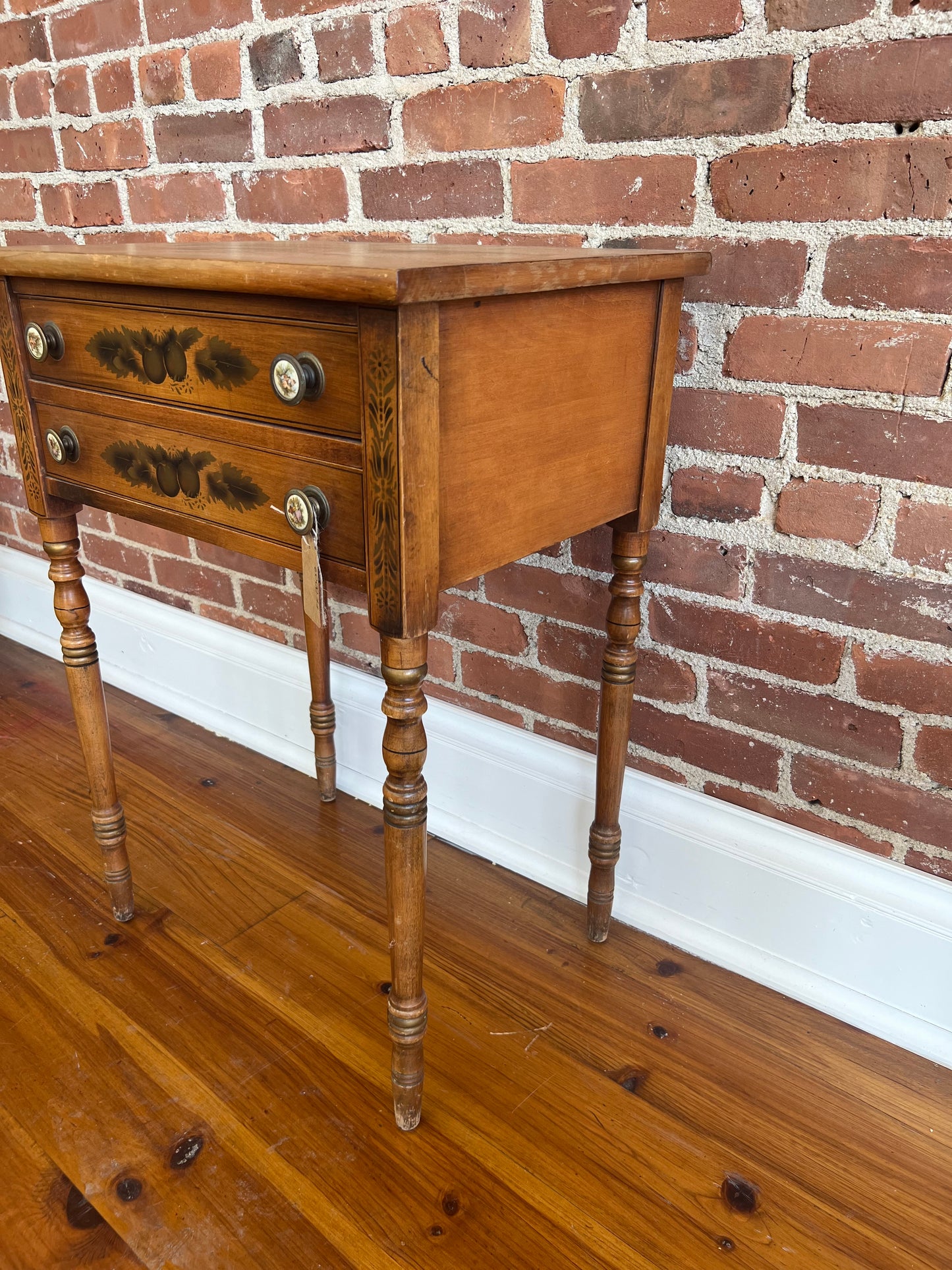 Antique Hitchcock Two-Drawer Side Table with Stenciled Fruit Design