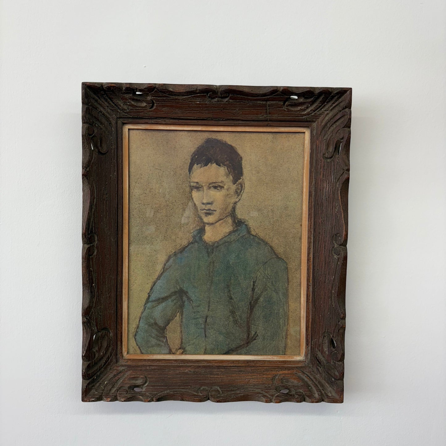 “Blue Boy” After Picasso – Framed Blue-Period Portrait Painting, 18" x 15"