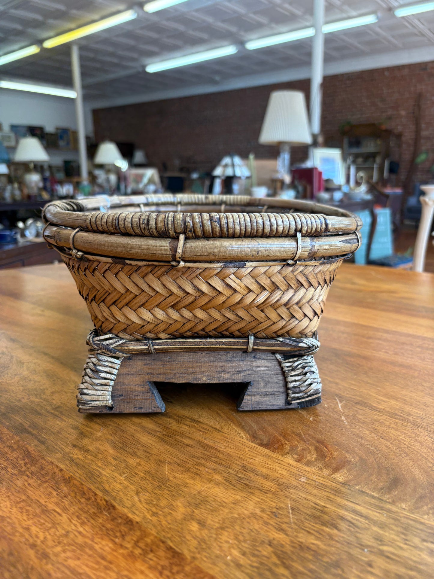 Handmade Thai Woven Wicker Basket with Footed Wood Base and Bamboo Trim