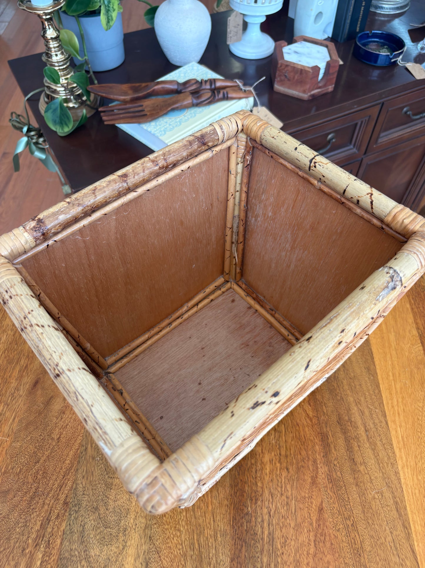 Vintage Bamboo & Wicker Wastebasket or Planter – Boho Mid-Century Charm