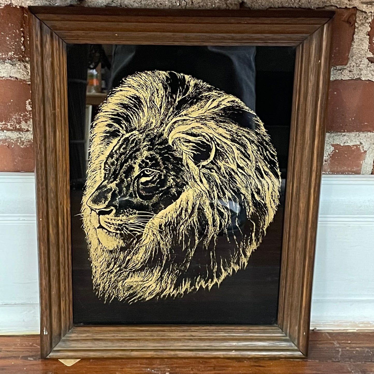 Vintage 1970s Gold Etched Lion Head on Black Glass, Wood Frame Wall Art
