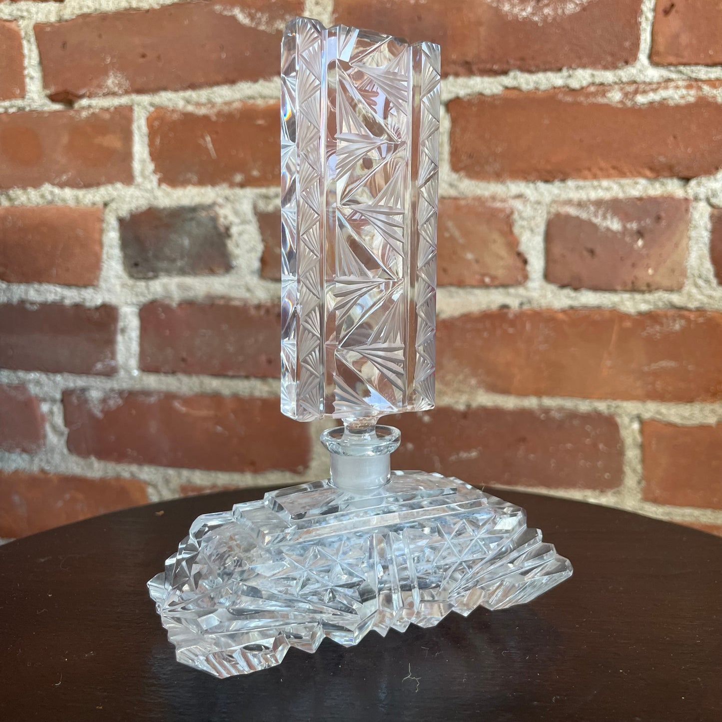 Vintage Czechoslovakia Cut Crystal Perfume Bottle with Geometric Stopper