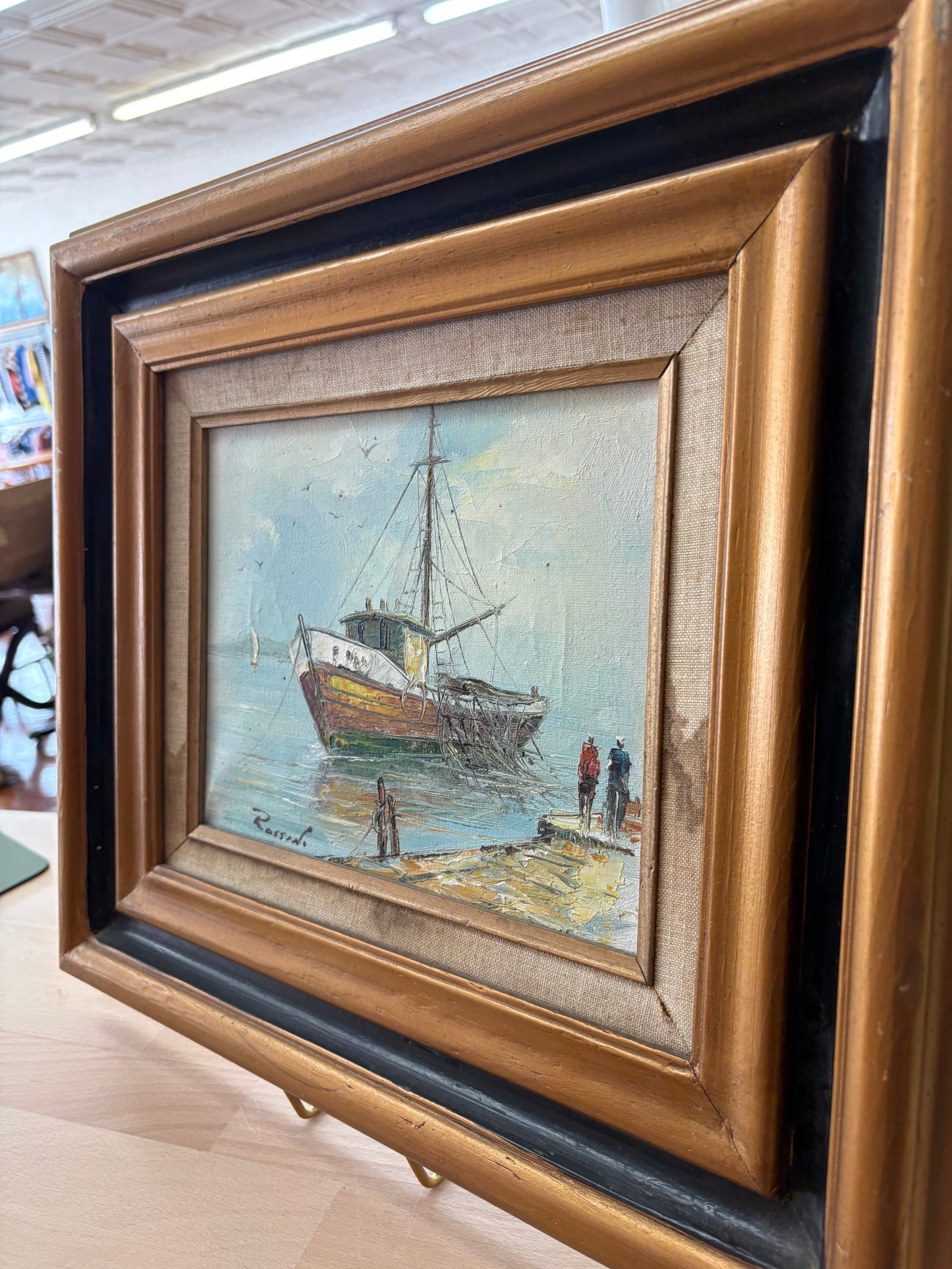 Shirley Rossini Oil – Fishing Boat at Dock, Signed, Framed Nautical Scene 18″