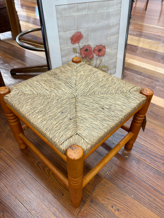 Vintage Rush-Seat Footstool – Square Maple Stool, French Country Style, 14″