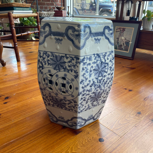 Blue and White Hexagonal Porcelain Garden Stool – Chinese Style Accent