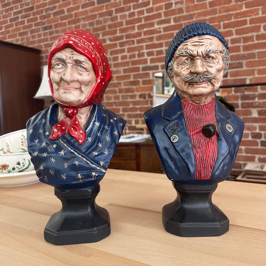 Vintage Fisherman & Wife Ceramic Busts, Hand-Painted European Figures