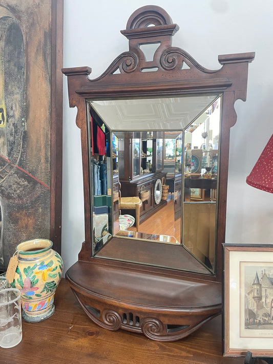 Vintage Wood Wall Shelf with Mirror and Display Storage – 35" Tall