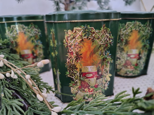 Set of 4 Vintage 1981 Avon “Fruit Garden” Christmas Tins – Green & Gold Holiday Storage Containers, Made in England