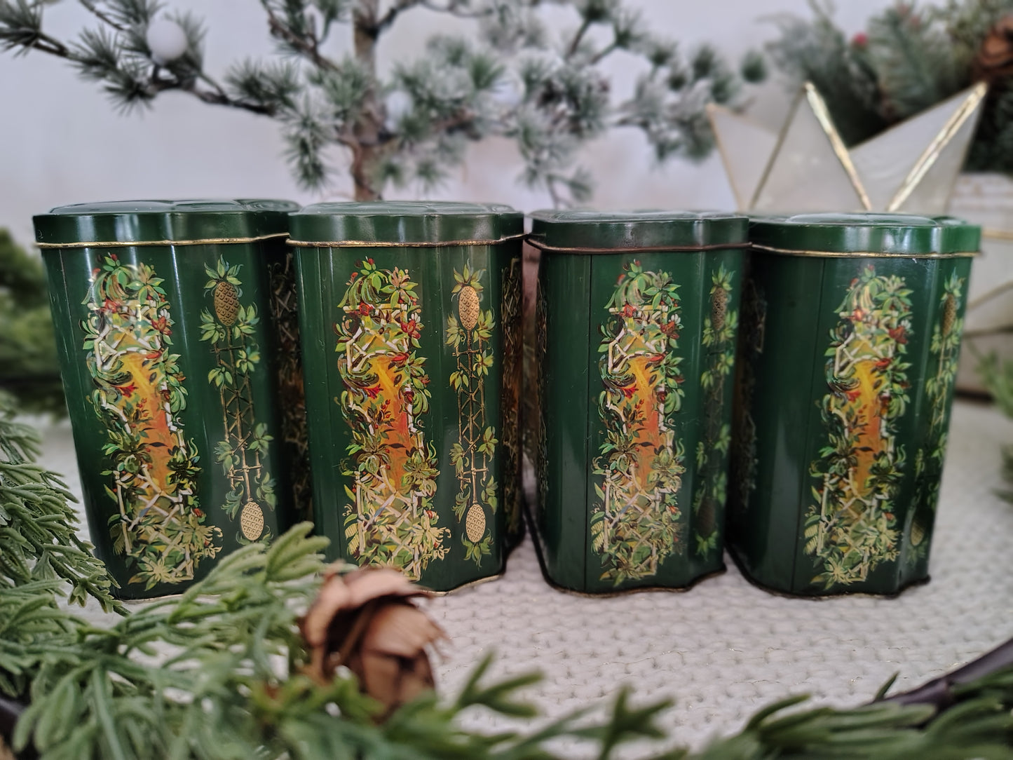 Set of 4 Vintage 1981 Avon “Fruit Garden” Christmas Tins – Green & Gold Holiday Storage Containers, Made in England