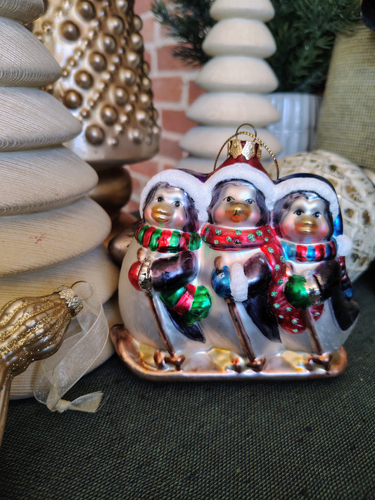 Glass Christmas Ornament – Three Skiing Penguins in Winter Scarves & Hats