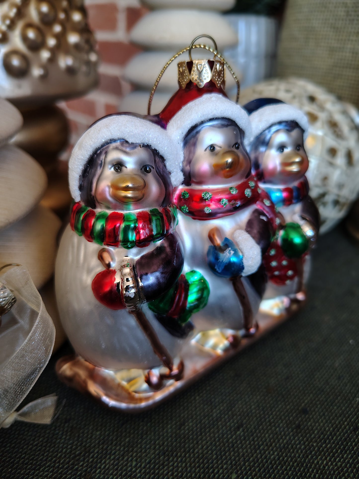 Glass Christmas Ornament – Three Skiing Penguins in Winter Scarves & Hats