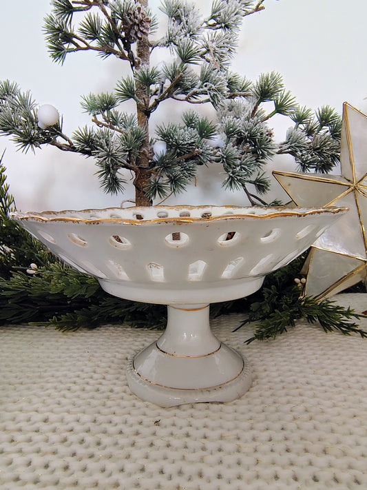 Vintage Royal Halsey Fine China Pedestal Bowl w/ Reticulated Edge & Gold Pinecone Christmas Design