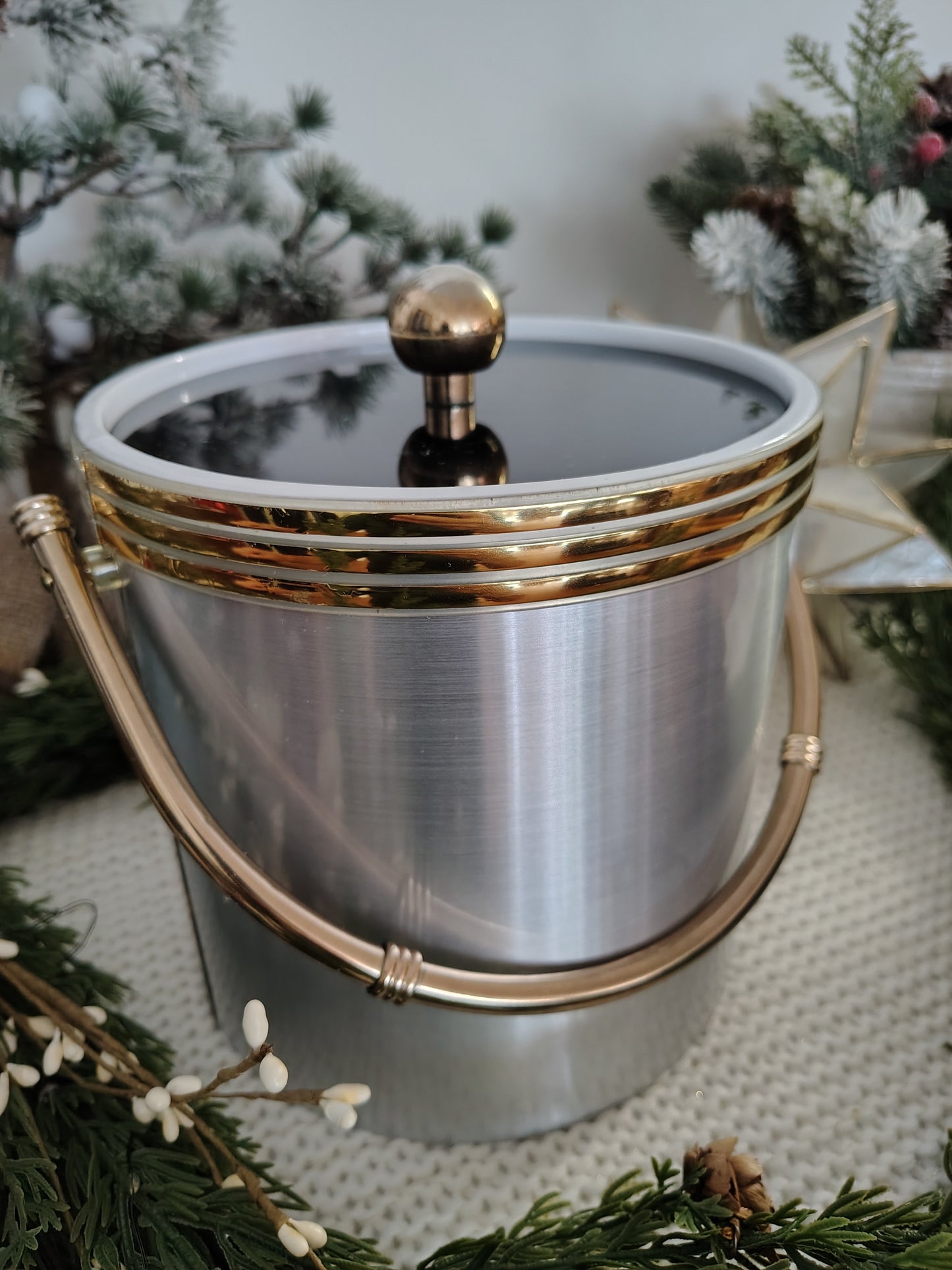 Mid-Century Modern Brushed Aluminum Ice Bucket with Brass Trim & Handle Christmas