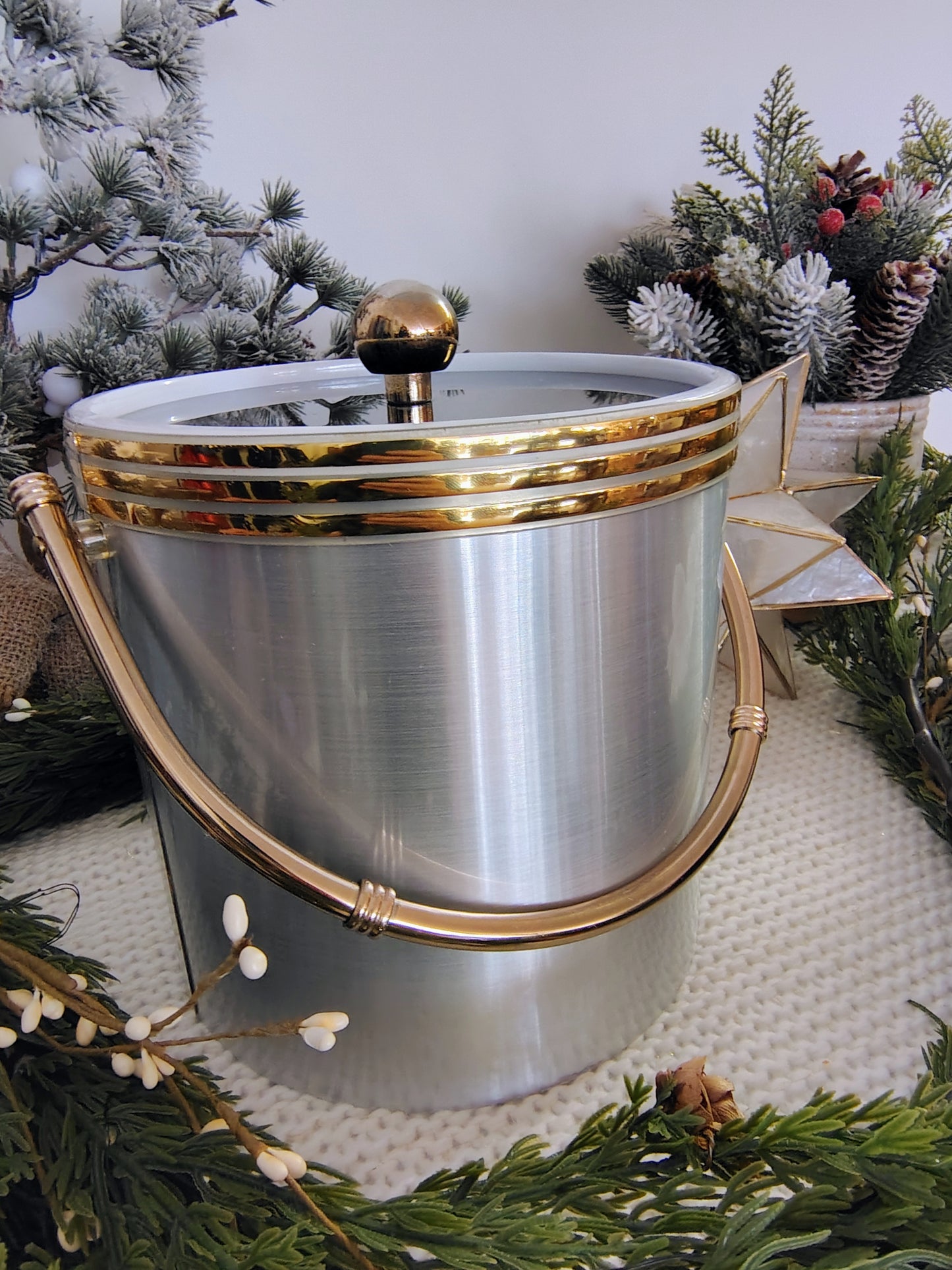 Mid-Century Modern Brushed Aluminum Ice Bucket with Brass Trim & Handle Christmas