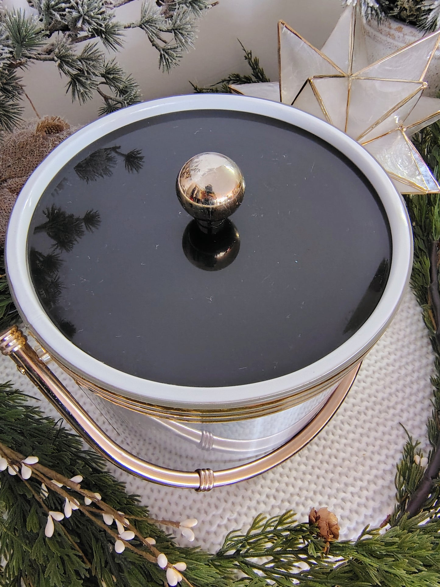Mid-Century Modern Brushed Aluminum Ice Bucket with Brass Trim & Handle Christmas