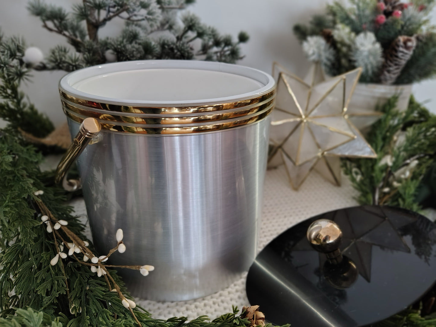 Mid-Century Modern Brushed Aluminum Ice Bucket with Brass Trim & Handle Christmas