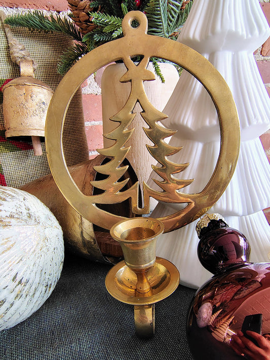 Vintage Brass Christmas Tree Wall Sconce – Mid-Century Holiday Candle Holder