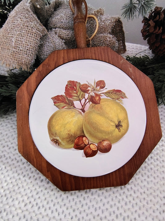 Vintage Wood & Ceramic Pears and Chestnuts Trivet with Handle – Christmas Kitchen Decor