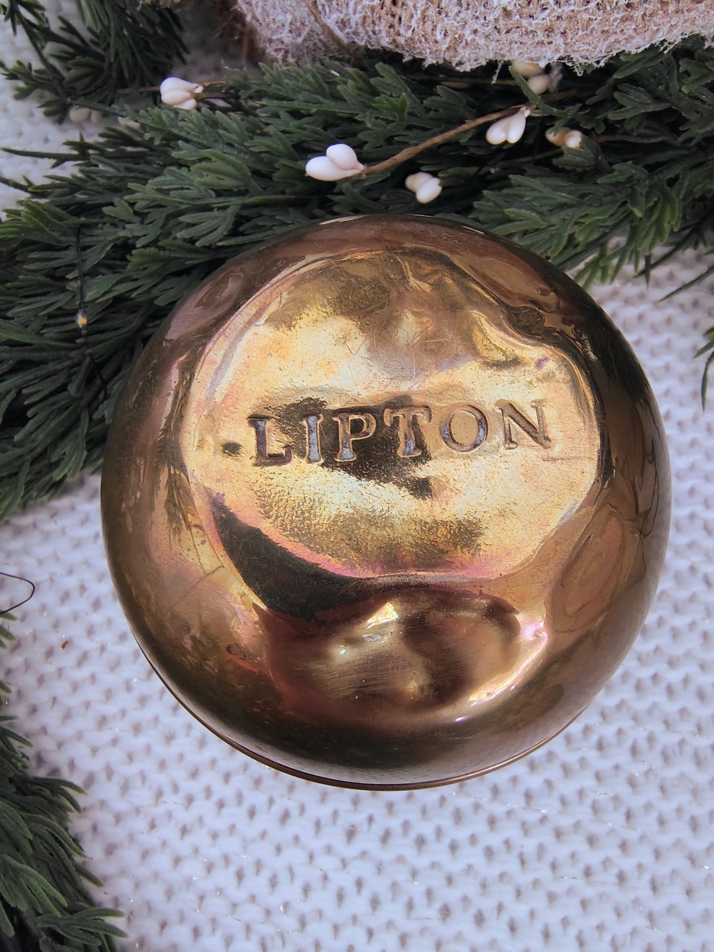 1924 Lipton Brass Tea Caddy – British Empire Exhibition Globe Tin, 5″ Tall Christmas