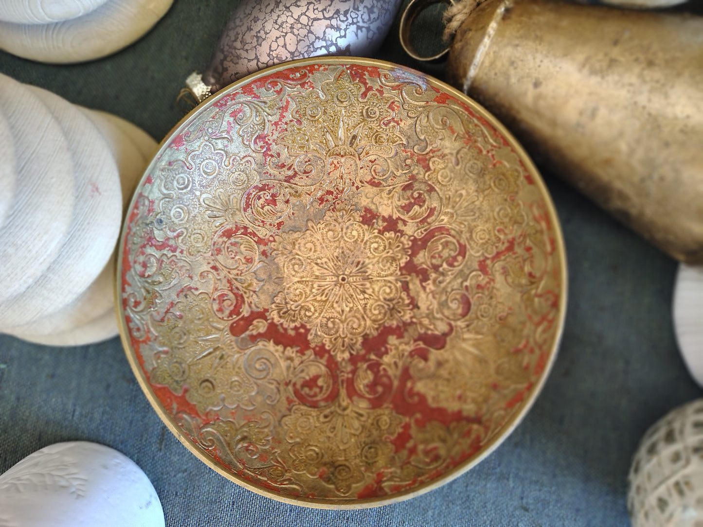 Italian Brass and Red Etched Christmas Decorative Bowl – Florentine Style