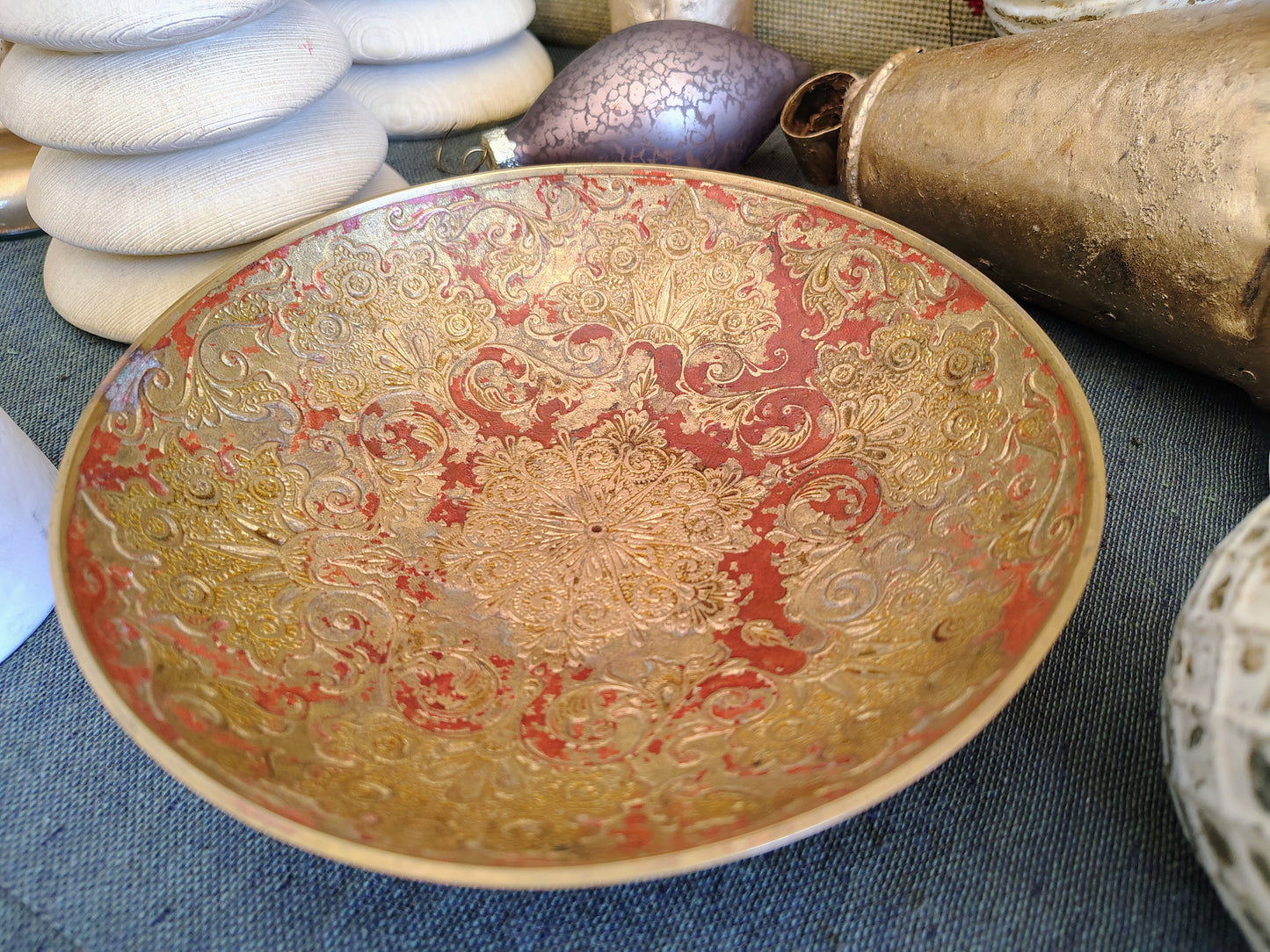 Italian Brass and Red Etched Christmas Decorative Bowl – Florentine Style