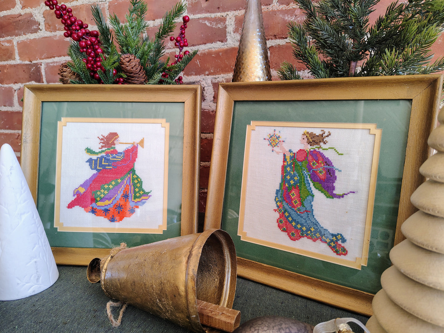 Vintage 1970s Needlepoint Angel Wall Art Set – Colorful Framed Hand-Stitched Textile Decor, Folk Art Christmas Angels, 11x11” Pair