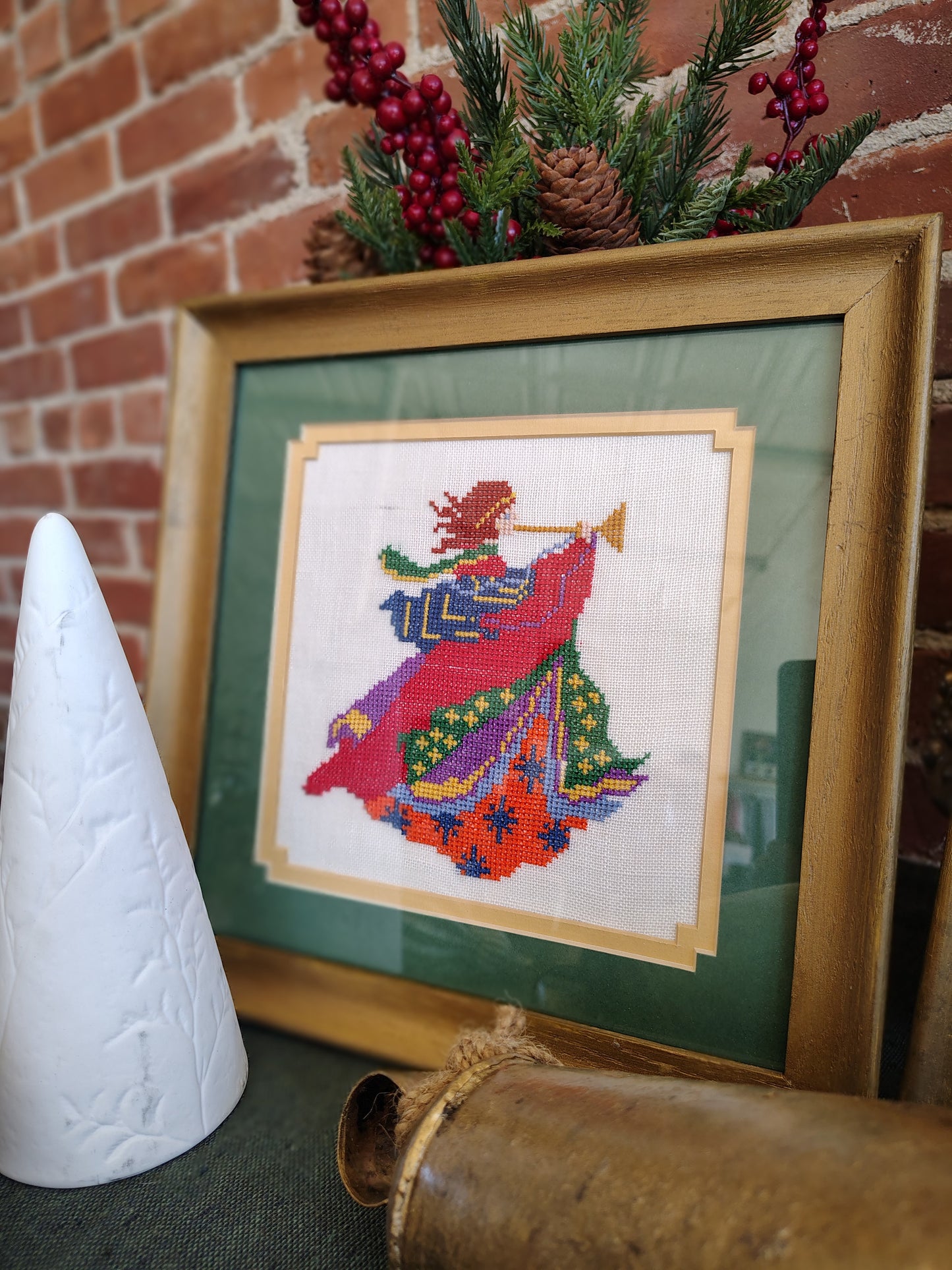 Vintage 1970s Needlepoint Angel Wall Art Set – Colorful Framed Hand-Stitched Textile Decor, Folk Art Christmas Angels, 11x11” Pair