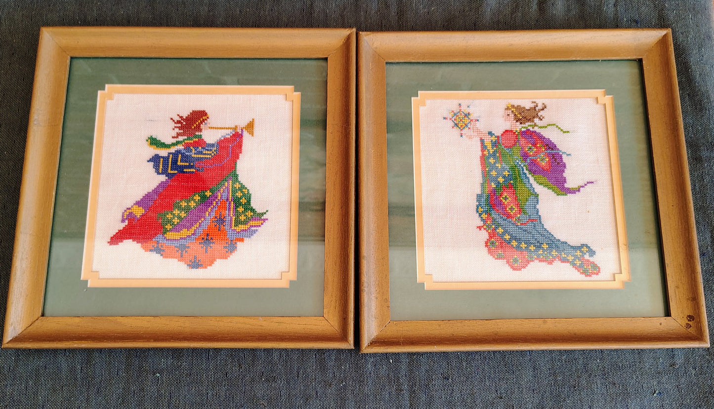 Vintage 1970s Needlepoint Angel Wall Art Set – Colorful Framed Hand-Stitched Textile Decor, Folk Art Christmas Angels, 11x11” Pair