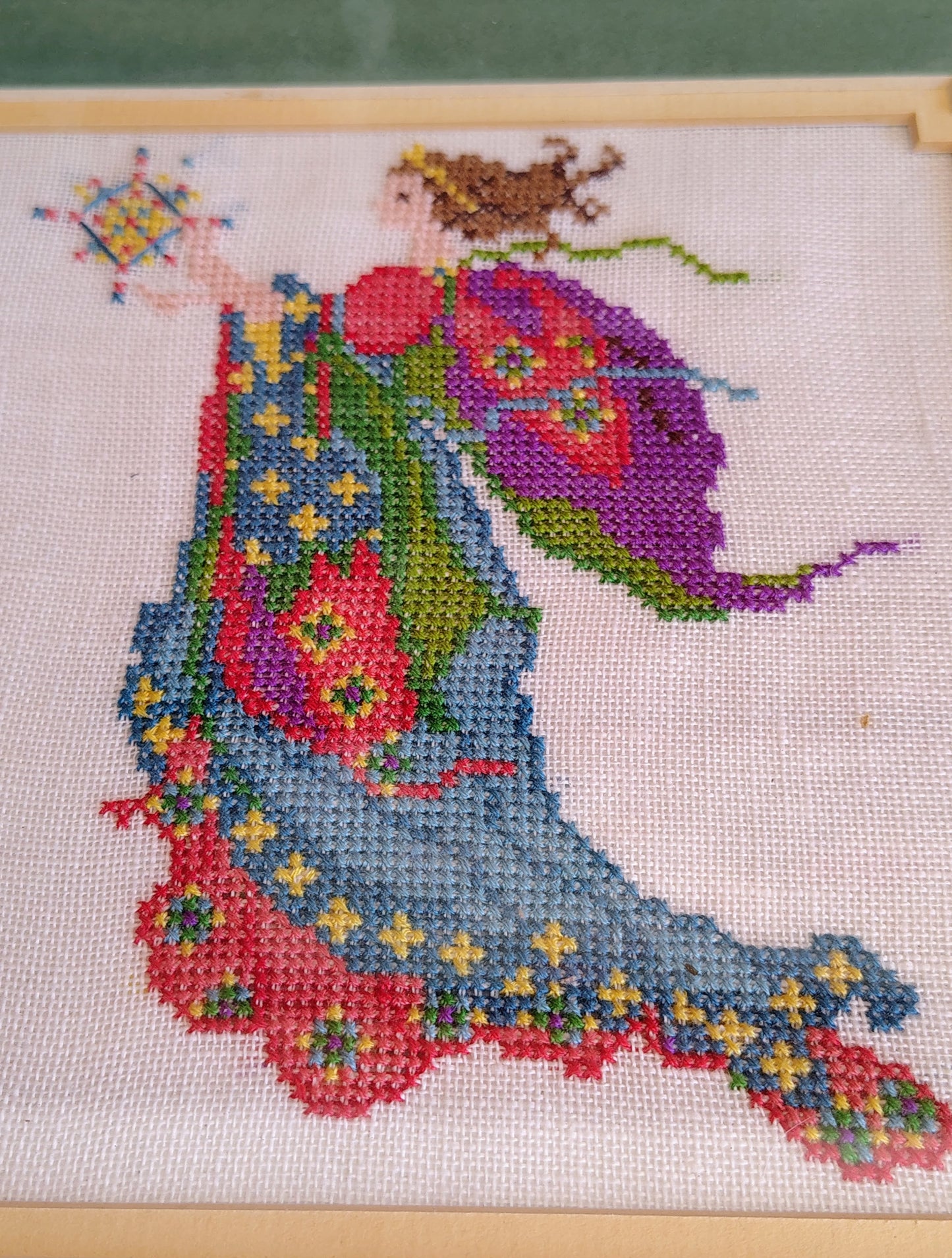 Vintage 1970s Needlepoint Angel Wall Art Set – Colorful Framed Hand-Stitched Textile Decor, Folk Art Christmas Angels, 11x11” Pair