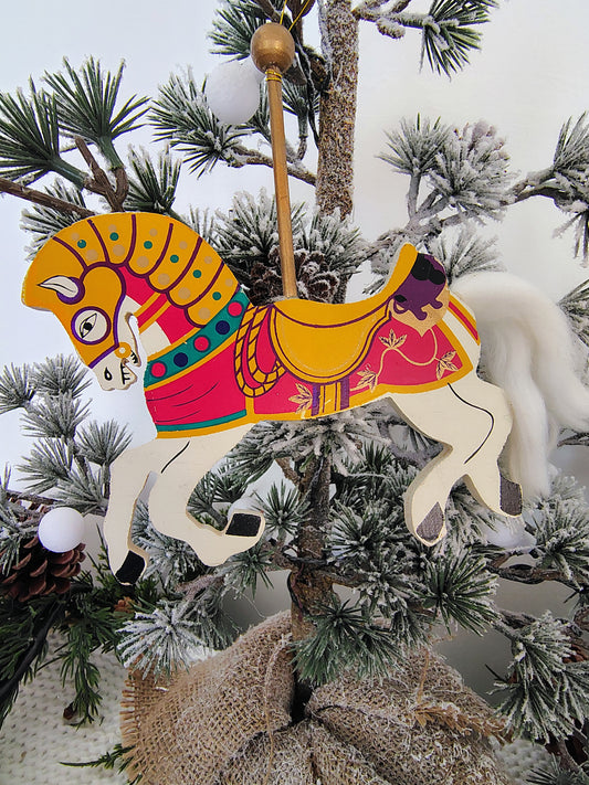 Vintage Wooden Carousel Horse Ornament – Hand-Painted, Made in Taiwan