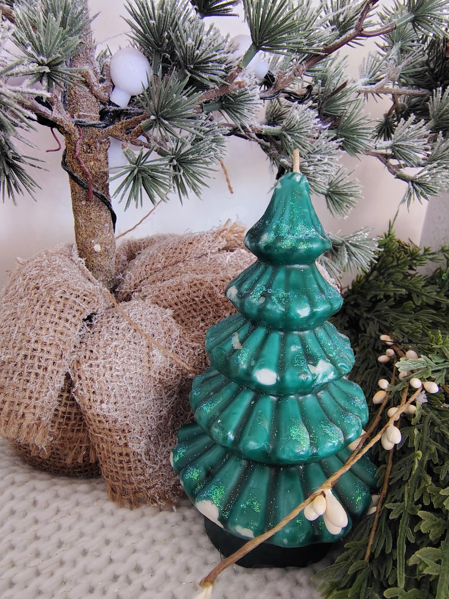 Vintage Green Glitter Christmas Tree Candle