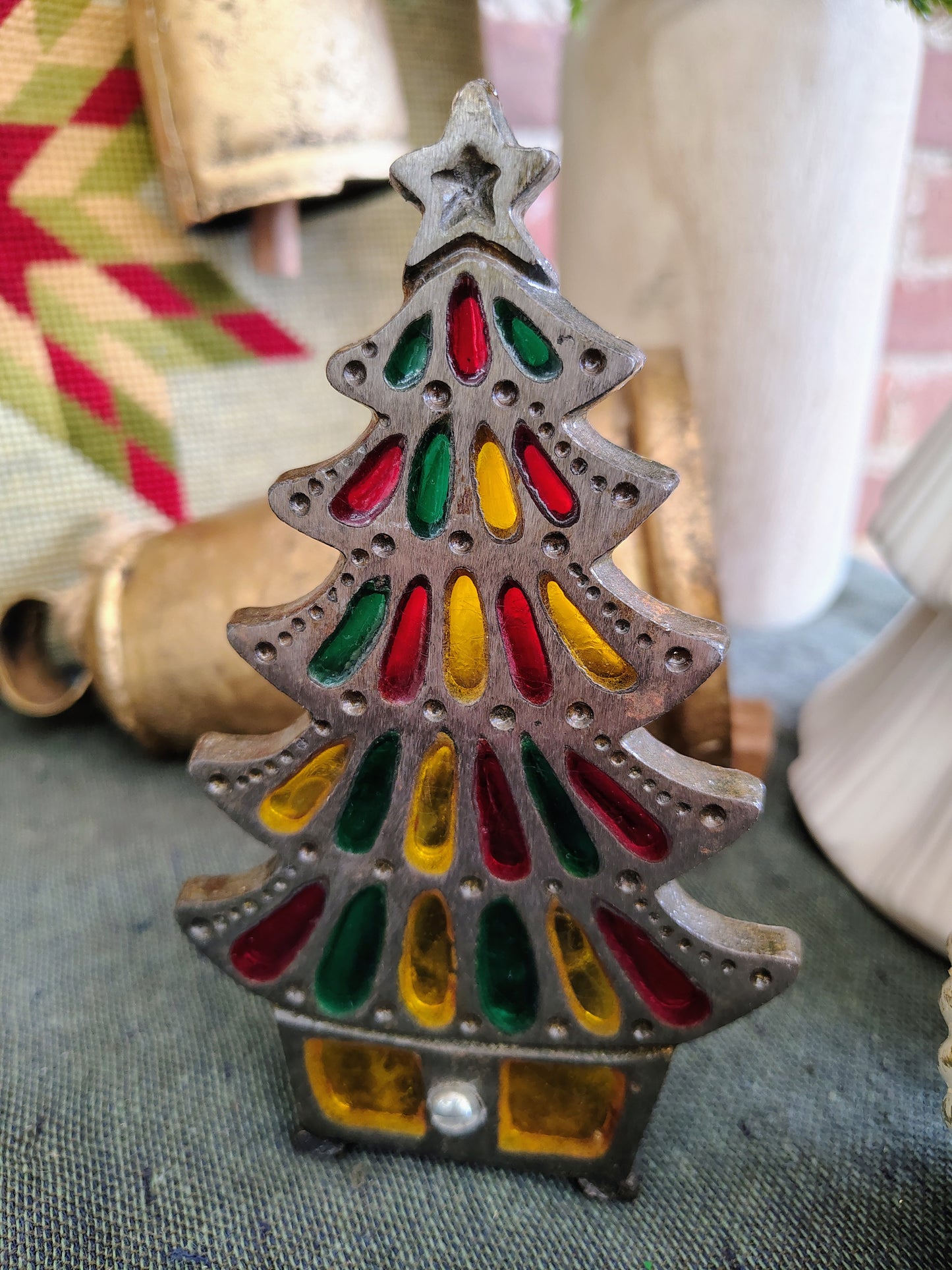 Vintage Cast Iron Christmas Tree Candle Holder – Stained Glass Window Design