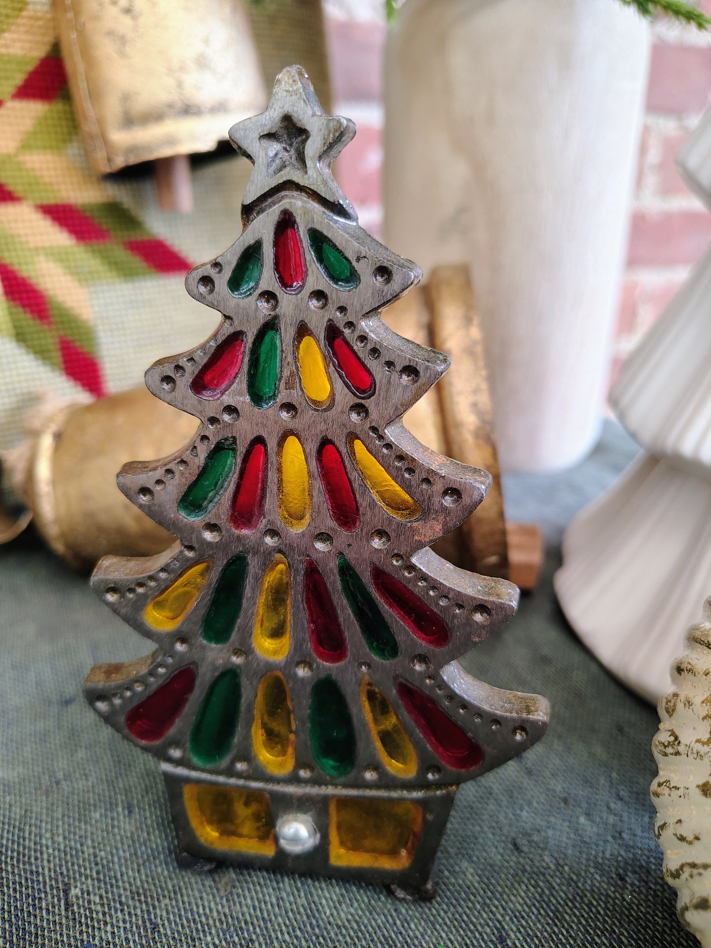 Vintage Cast Iron Christmas Tree Candle Holder – Stained Glass Window Design