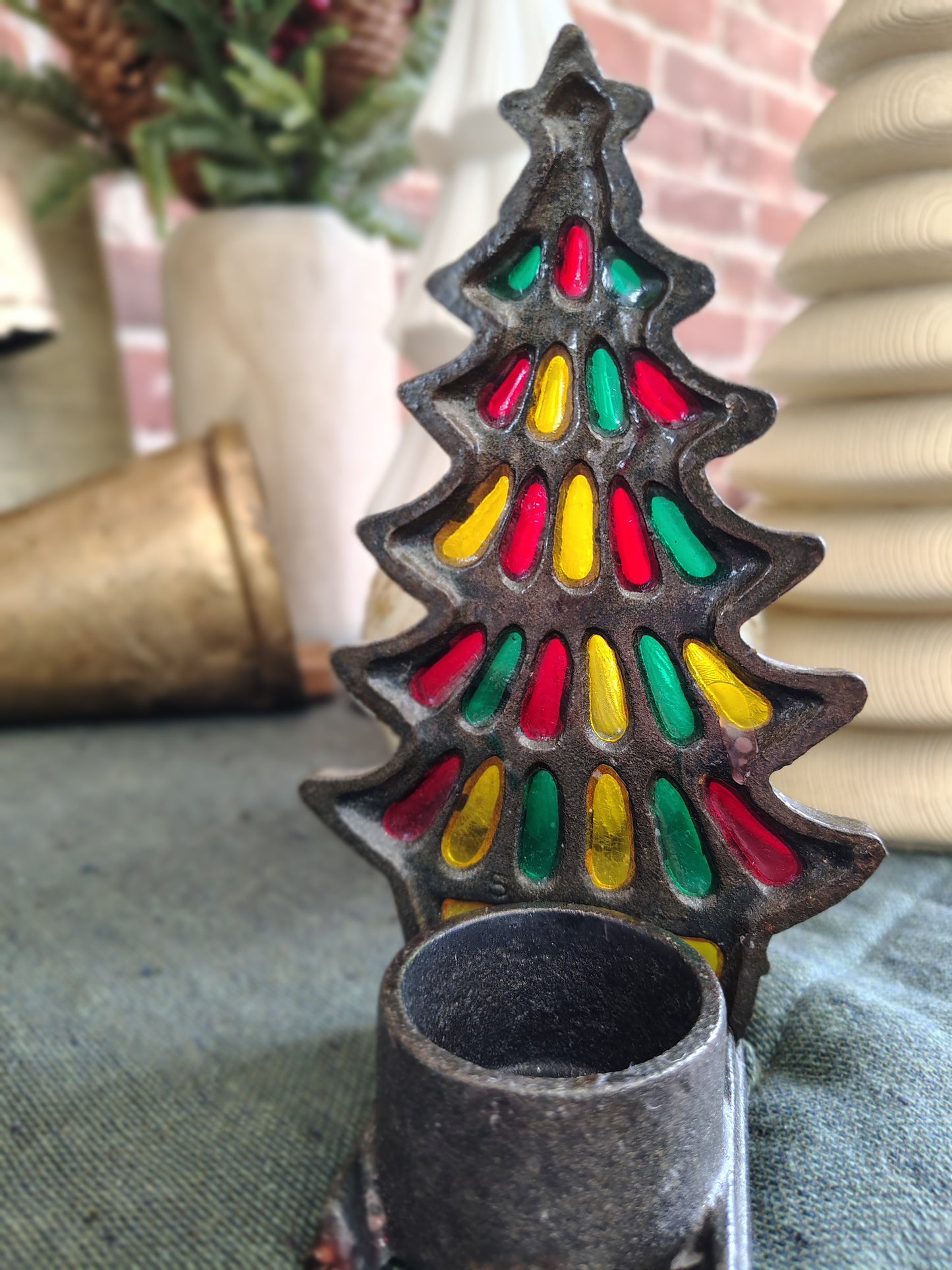 Vintage Cast Iron Christmas Tree Candle Holder – Stained Glass Window Design