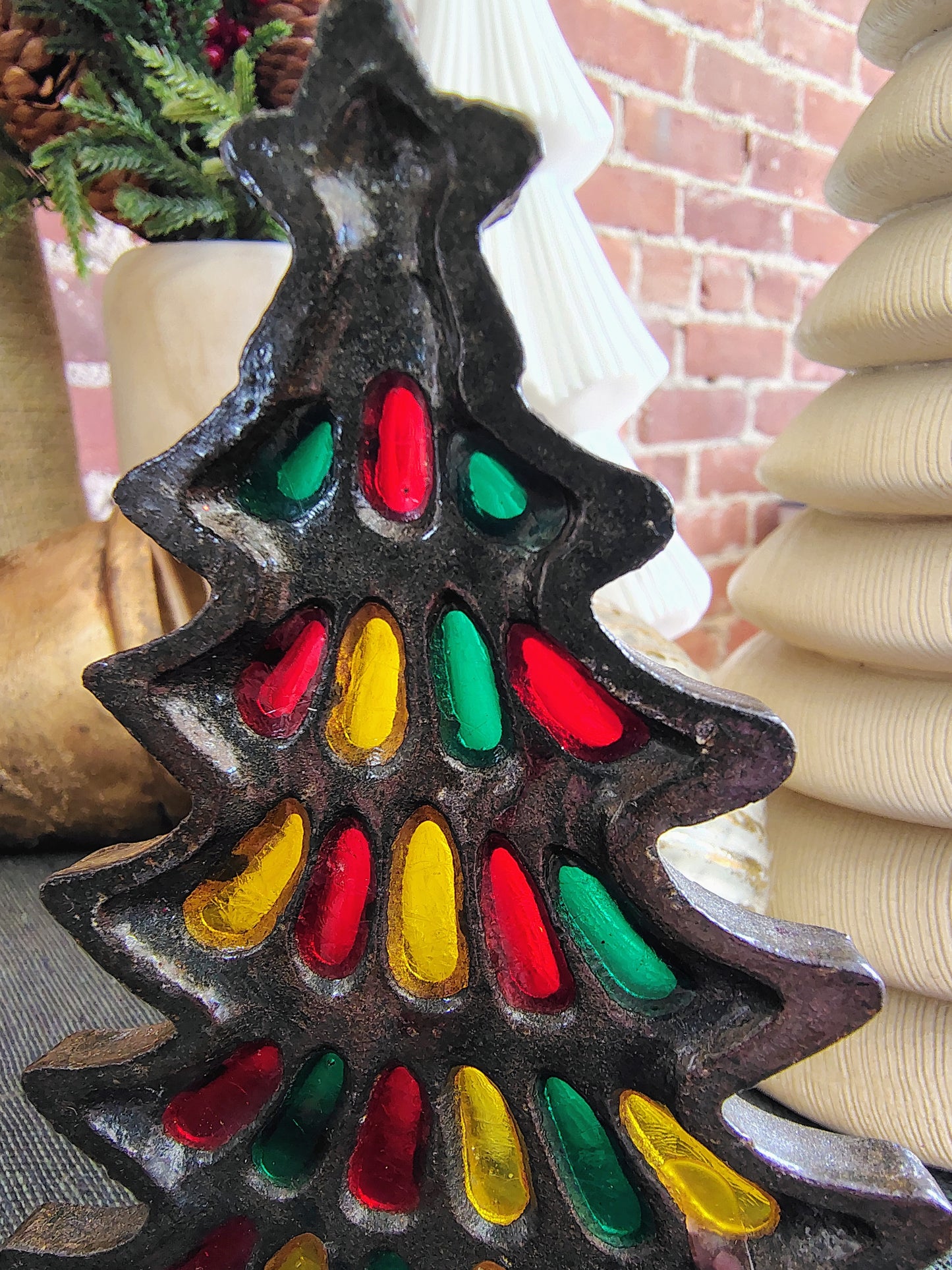 Vintage Cast Iron Christmas Tree Candle Holder – Stained Glass Window Design