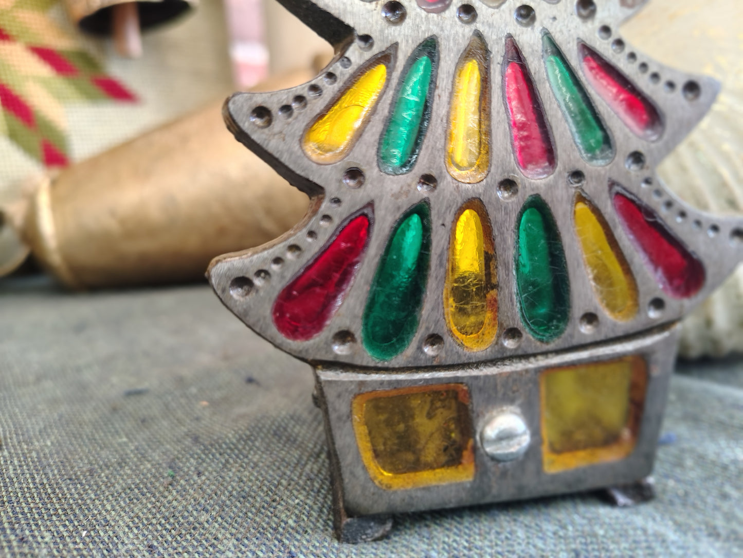 Vintage Cast Iron Christmas Tree Candle Holder – Stained Glass Window Design