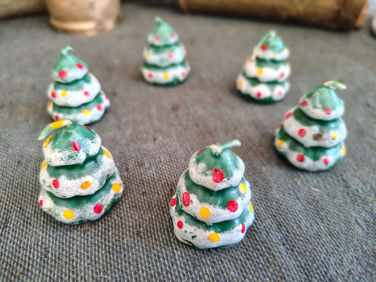 Set of 6 Vintage Mini Christmas Tree Candles – Hand-Painted Holiday Decor