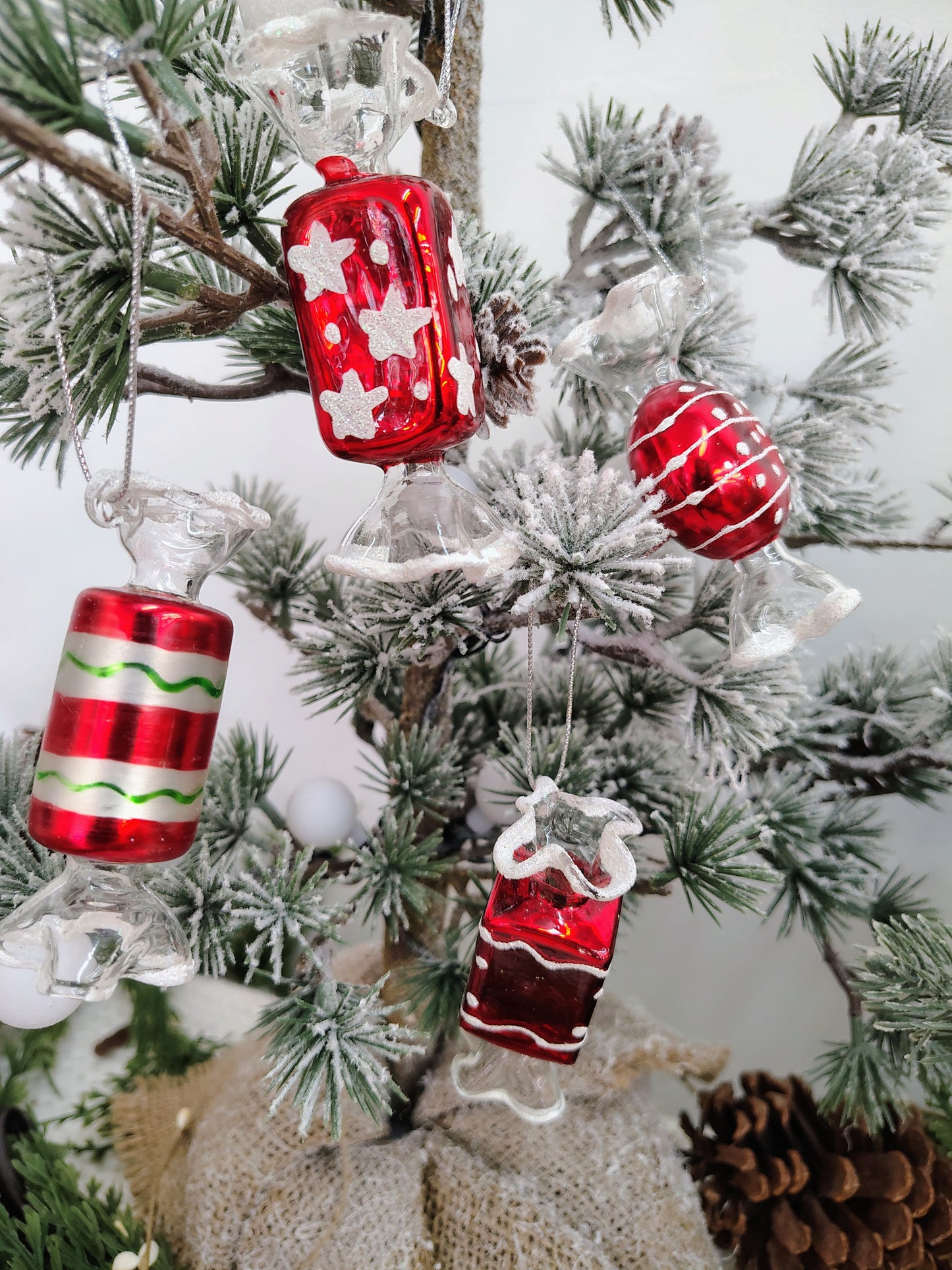 Set of 4 Vintage Glass Candy Ornaments – Red, White & Green Christmas Set