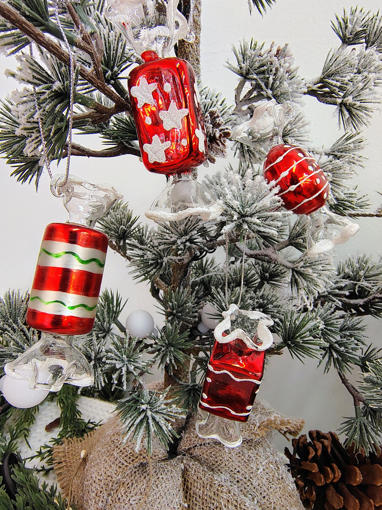 Set of 4 Vintage Glass Candy Ornaments – Red, White & Green Christmas Set