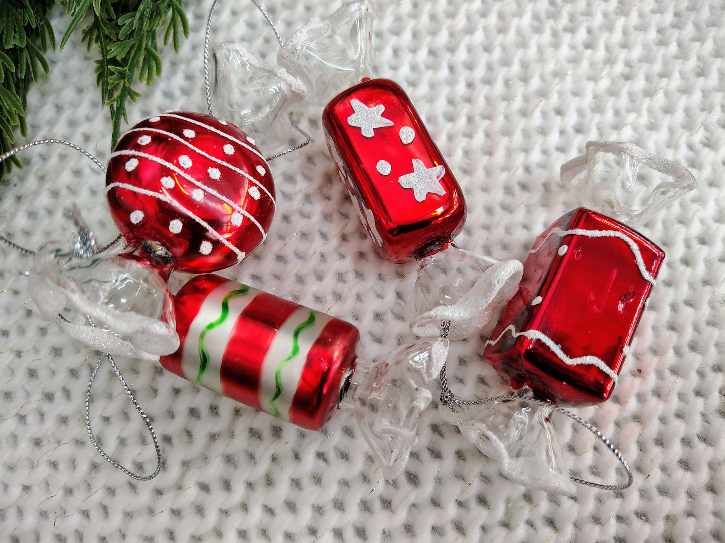 Set of 4 Vintage Glass Candy Ornaments – Red, White & Green Christmas Set