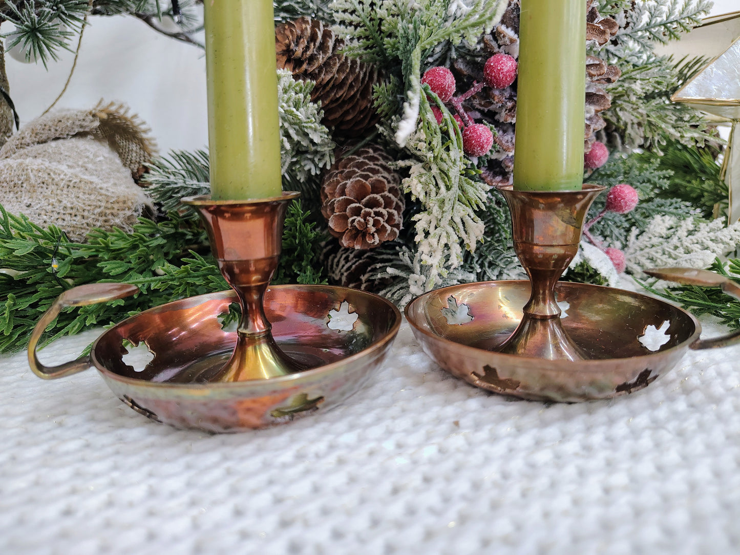 Vintage Brass Chamberstick Candle Holders with Maple Leaf Cutouts – Set of 2 Christmas