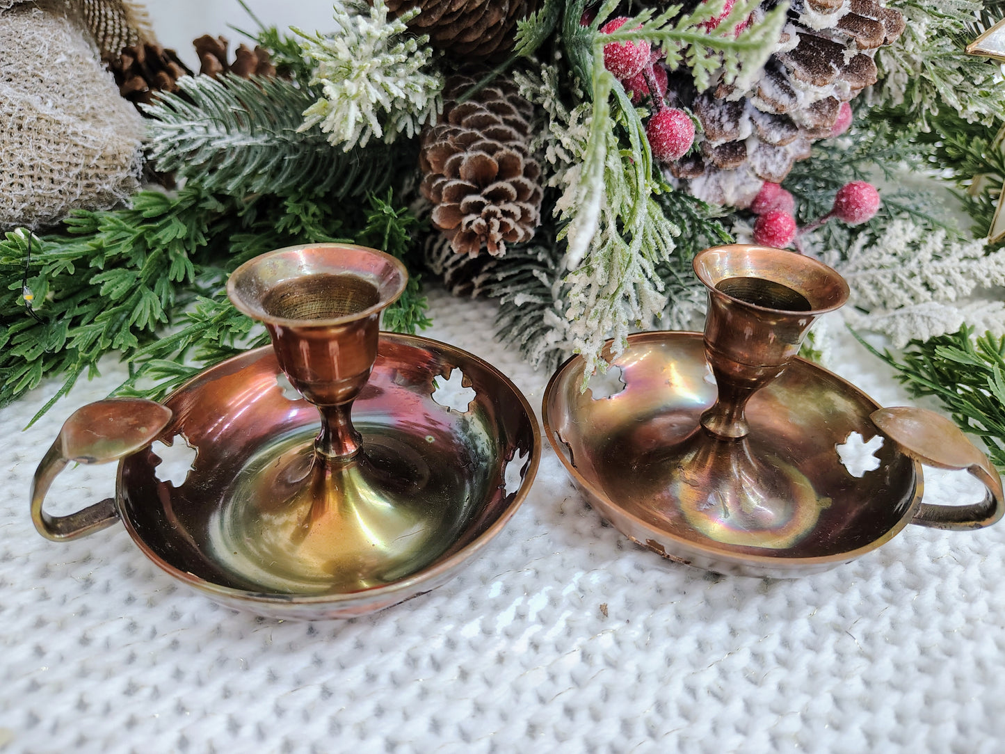 Vintage Brass Chamberstick Candle Holders with Maple Leaf Cutouts – Set of 2 Christmas