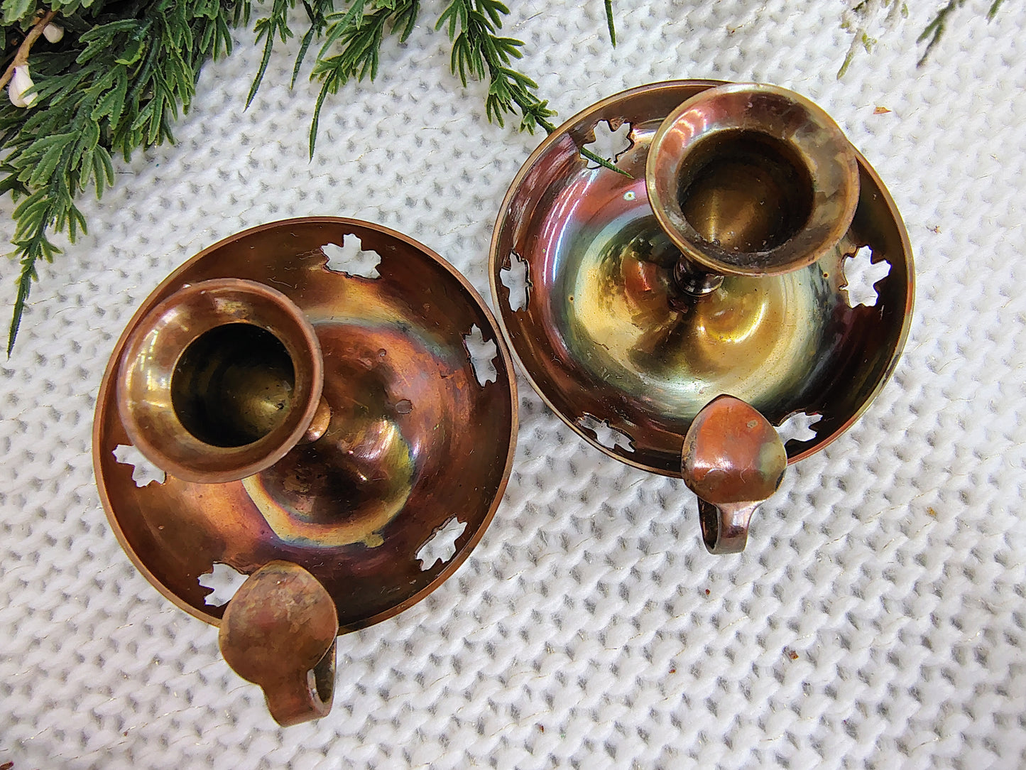 Vintage Brass Chamberstick Candle Holders with Maple Leaf Cutouts – Set of 2 Christmas