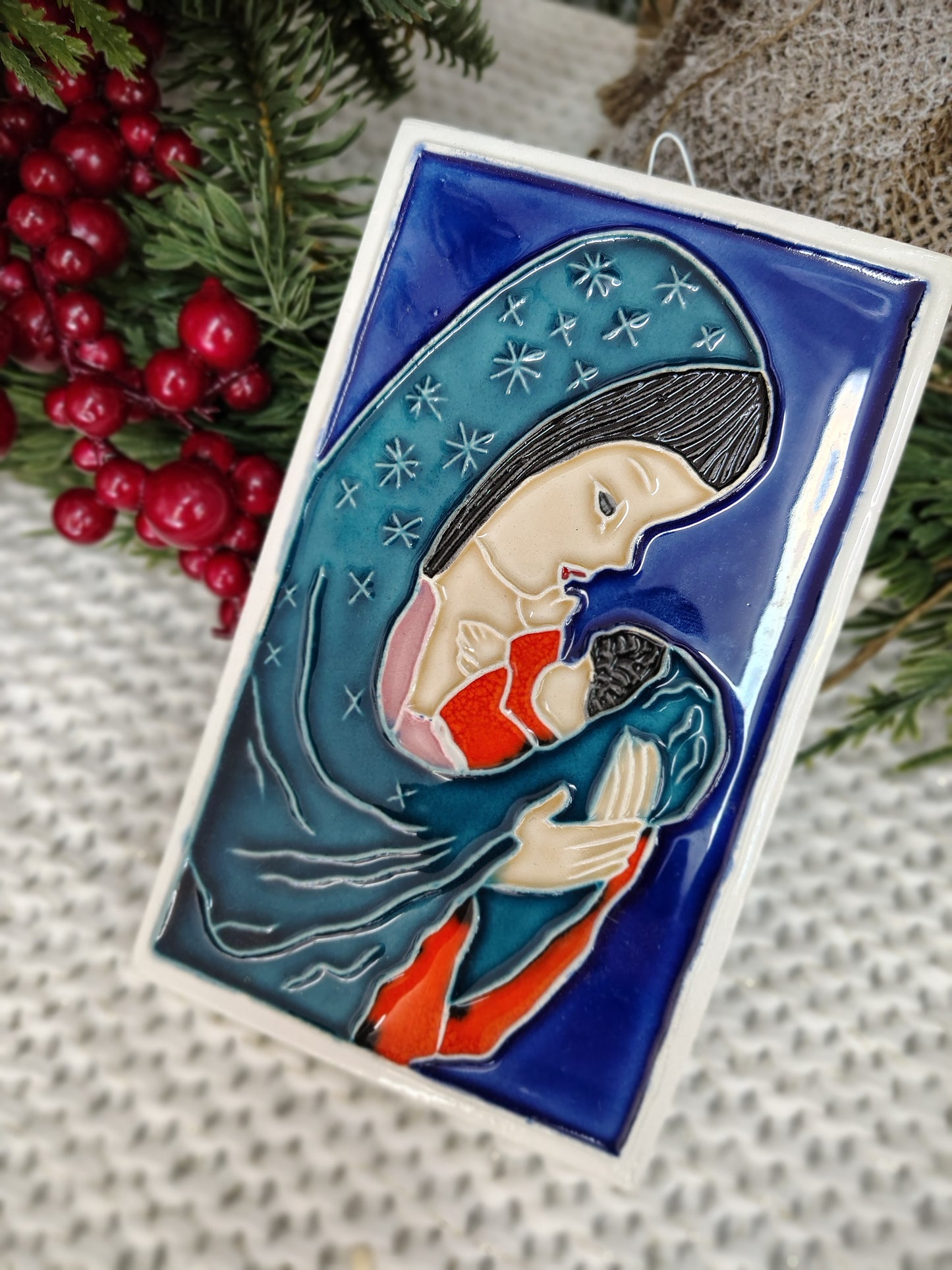 Italian Art Tile “Madonna & Child” by Falcone – Handcrafted Wall Plaque, Vietri Christmas