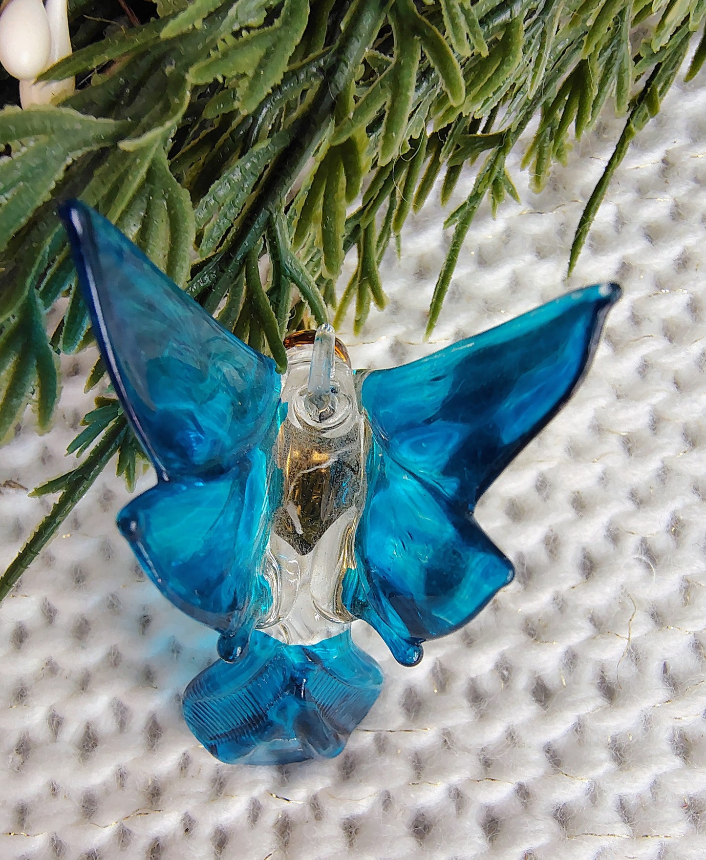 Hand-Blown Glass Hummingbird Christmas Ornament – Blue & Gold