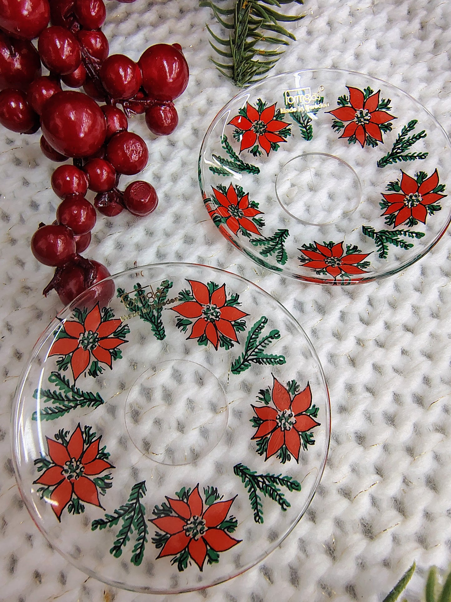 Vintage Formglas Sweden Christmas Poinsettia Glass Candle Holder Drip Rings β Set of 2